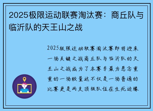 2025极限运动联赛淘汰赛：商丘队与临沂队的天王山之战